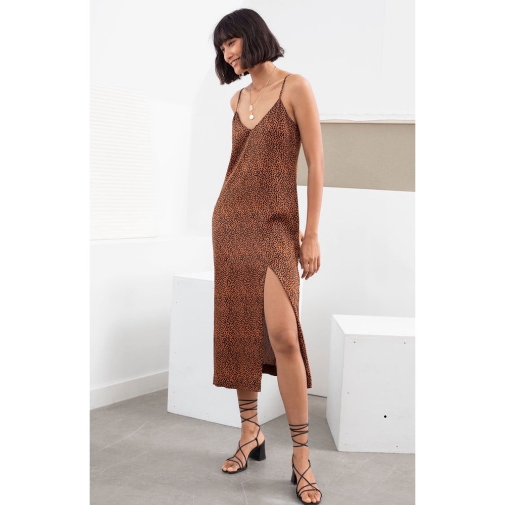 & Other Stories Satin Cheetah Printed Midi Slip Dress Size US 2